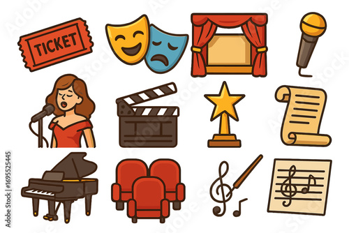 Theater performance icon set. Cinema and music cartoon collection. Vector illustration of ticket, mask, stage, singer, piano, clapperboard, award. Entertainment concept.