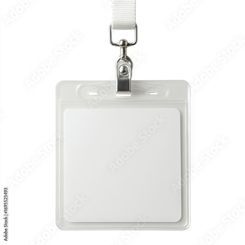 Blank white plastic ID badge on lanyard