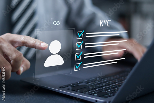 Know your customer concept. Personal information for identification, business verifying the identity of clients for KYC financial client authentication. Businessman with virtual icon.