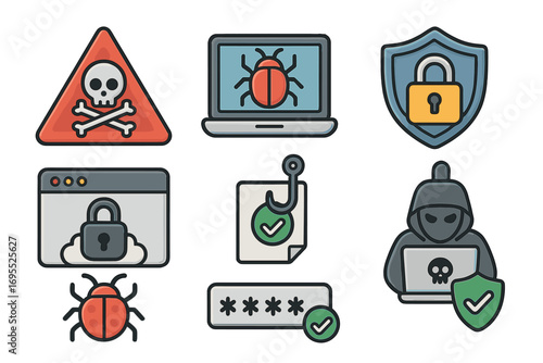 Cybersecurity icon set with hacker, virus, and phishing concepts. Data protection, internet security, and online privacy symbols. Vector cartoon illustration for technology designs.