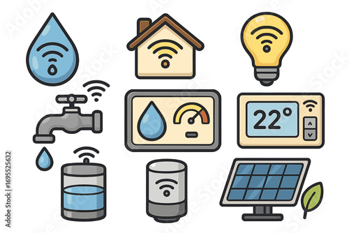 Smart home icon set. Water management and energy efficiency automation. Vector icons of house control system, iot devices, solar panel, smart bulb, thermostat, water saving.