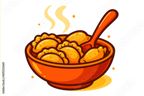 Vector cartoon illustration of a bowl of hot, steaming dumplings. Pierogi, gyoza, or pelmeni in a vibrant dish. Asian or Eastern European food concept for menu or logo.