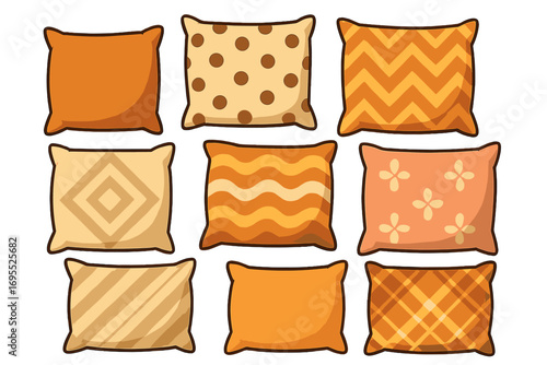 Set of decorative throw pillows. Cushion collection with patterns: polka dot, chevron, plaid. Home decor comfort object. Vector cartoon illustration for interior design.