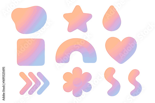 Set of 3D cute plasticine shapes with soft pastel gradient. Vector cartoon icons pack. Abstract plastic rainbow, heart, star, flower, drop symbols. Modern trendy design elements.
