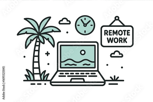 Remote work, digital nomad concept. Laptop on a tropical beach with a palm tree. Freelance job, working from anywhere. Vector illustration for online career and freedom.