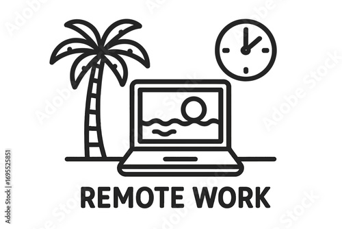 Remote work icon, digital nomad at the beach. Freelance lifestyle with laptop, palm tree. Flexible job, time management. Work from anywhere vector line icon design.