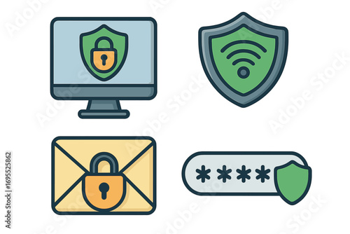 Digital security icon set for online privacy and data protection. Vector illustration of cybersecurity concepts like computer safety, secure wifi, email encryption, and password protection.