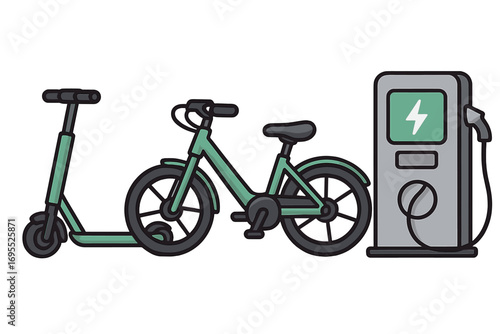 Electric mobility vector icon set. E-bike, scooter, EV charging station for urban travel. Green transportation, eco-friendly commute. City bicycle, scooter sharing service.