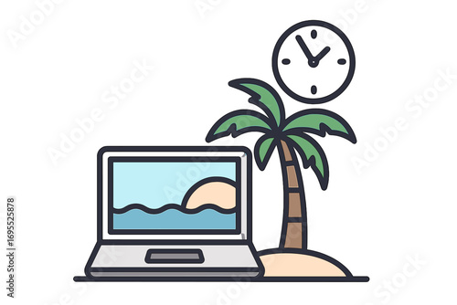 Digital nomad lifestyle concept with laptop on tropical beach. Remote work, freelance freedom, and flexible schedule. Business and travel illustration. Dream job in paradise.