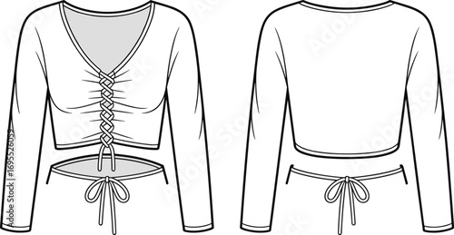 Women crop top fashion sketch, lace up front blouse design, long sleeve stylish garment template, trendy apparel flat sketch illustration
