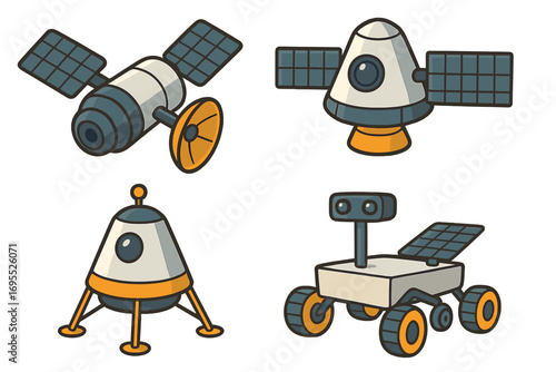 Space exploration technology vector cartoon icon set. Collection of isolated space vehicles: satellite, landing module, space capsule, and rover with solar panels. Cute comic clipart.