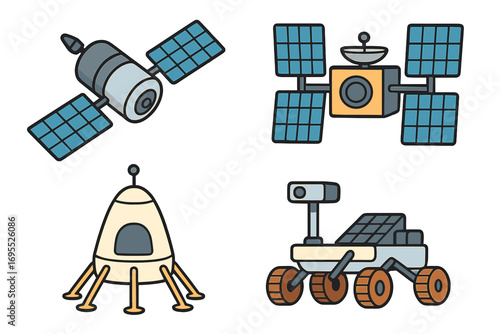 Space exploration technology icon set. Vector cartoon illustration of satellites with solar panels, a landing module, and a rover. Cosmic travel and science graphic elements.