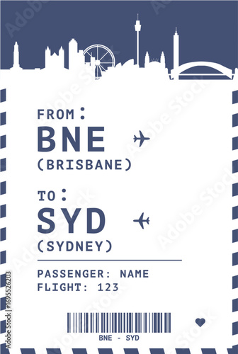 Brisbane - Sydney, Australia domestic flight, luggage tag, boarding pass card. Vector illustration layout for infographic, postcard, sticker, print, promo with cities outlines