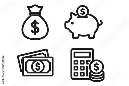 Finance icon set. Money management concept. Savings and investment. Budgeting and accounting. Piggy bank, money bag, cash, calculator symbols. Vector illustration economy.