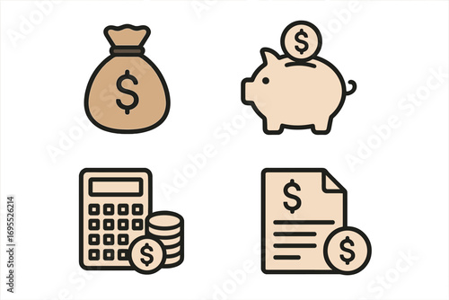 Money management and savings icon set. Financial symbols for budgeting, investment. Piggy bank, money bag, calculator, invoice for banking, business, finance concepts.