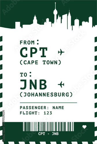 Cape Town - Johannesburg, South Africa domestic flight, luggage tag, boarding pass card. Vector illustration layout for ticket, postcard, sticker, print, promo with cities skylines