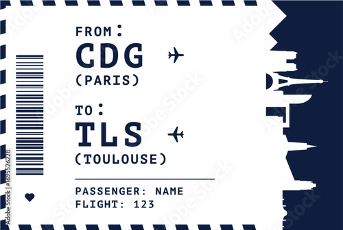 Paris - Toulouse, France domestic flight, luggage tag, boarding pass card. Vector illustration layout for infographic, postcard, sticker, print, promo with cities skylines