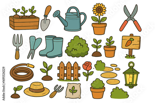 Gardening elements collection. Cute cartoon vector icon set for horticulture and landscaping. Garden tools, plants, flowers, watering can, shovel, boots, and seedlings. Hobby.