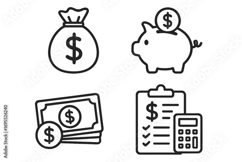 Money and finance line icon set. Vector symbols for budget, saving, and investment. Piggy bank, money bag, cash, and calculator for financial management concepts.