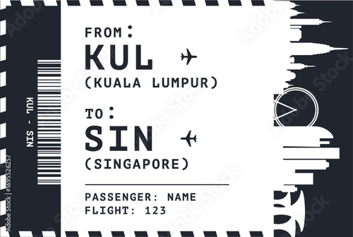 Kuala Lumpur, Malaysia - Singapore international flight, luggage tag, boarding pass card. Vector illustration layout for ticket, postcard, sticker, print, promo with cities contours
