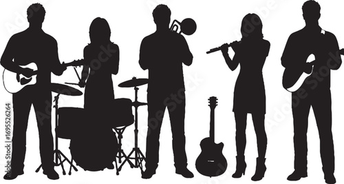 Music Band Silhouettes with Guitar, Drums, Trumpet, Flute, and Acoustic Guitar Players