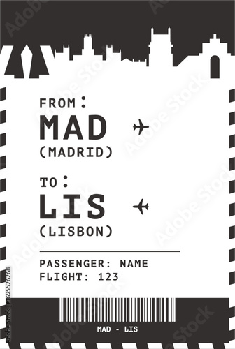 Madrid, Spain - Lisbon, Portugal international flight, luggage tag, boarding pass card. Vector illustration layout for ticket, postcard, sticker, print, promo with cities skylines