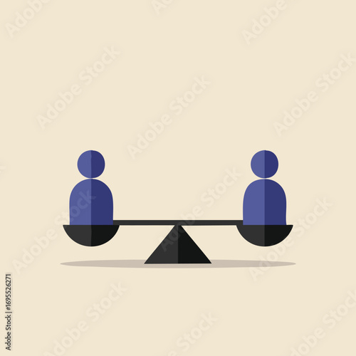 Two equal-sized figures balanced on a seesaw, symbolizing equality and fairness.