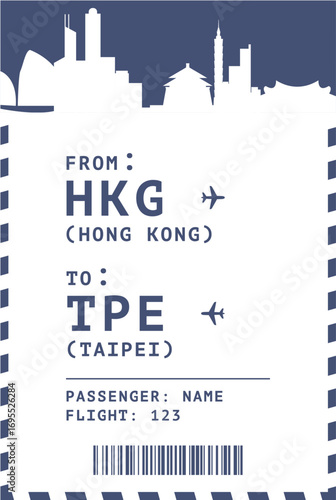 Hong Kong - Taipei international flight, luggage tag, boarding pass card. Vector illustration layout for ticket, postcard, sticker, print, promo with cities skylines