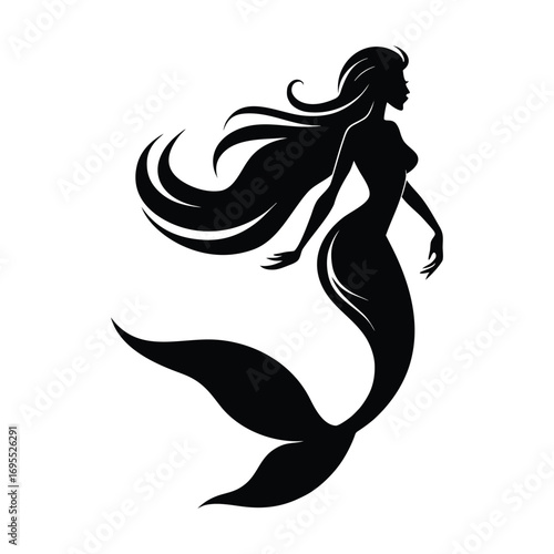 Elegant black silhouette of a mythical mermaid with long flowing hair and a graceful tail a symbol of fantasy and the ocean s mystery