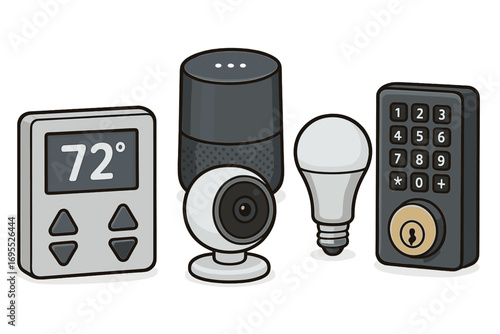 Smart home automation device set. Vector illustration of modern living gadgets: thermostat, speaker, security camera, light bulb, smart lock. Internet of Things concept.