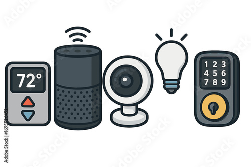 Smart home automation icon set. Vector cartoon illustration of modern living devices like thermostat, speaker, security camera, light bulb, and lock. Internet of Things concept.