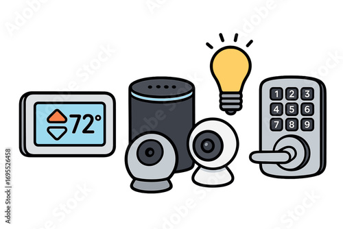Smart home automation devices for modern living. Internet of Things concept with thermostat, speaker, security camera, light, and lock. Vector cartoon technology illustration.