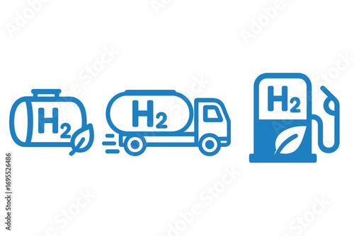 Hydrogen fuel icon set. H2 gas storage, transport truck, and refueling station pump symbols. Clean, green, and sustainable energy concept. Eco friendly alternative power.