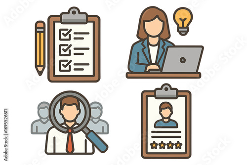 Human resources management icon set. Recruitment, headhunting, and employee evaluation concepts. Vector icons for candidate search, performance review, task list, and new ideas.