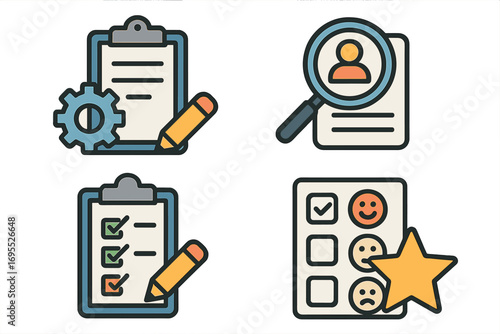 Business process icons set. Task management, recruitment, survey checklist, feedback rating. Vector illustration for project management, HR, customer satisfaction review.