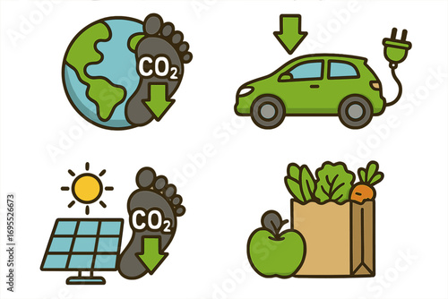 Carbon footprint reduction icon set for sustainability concept. Eco friendly lifestyle with electric car, solar panel energy, local food for environmental awareness cartoon.