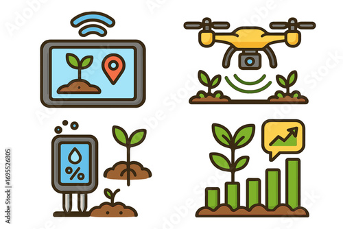 Smart farming icon set. Agricultural technology concept. Precision agriculture. Data driven crop management. Drone monitoring, soil sensor, GPS navigation, plant growth analysis.