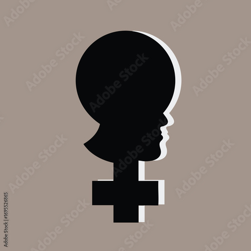 Black silhouette of a female head combined with the Venus symbol, representing womanhood and gender identity.