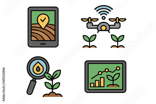 Set of agricultural technology icons for smart farming. Vector illustrations of precision agriculture, drone technology, data-driven solutions, crop management and growth analysis.