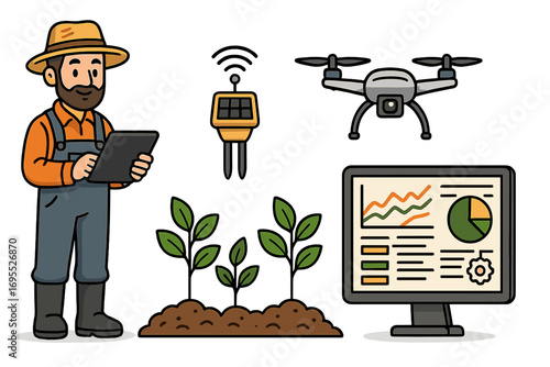 Smart farming and agriculture technology vector icon set. Farmer with tablet, drone, and soil sensor for data analysis. Modern tools for efficiency and sustainability.
