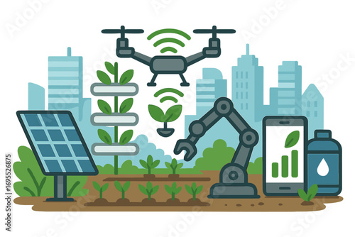 Smart agriculture technology concept. Urban farming with drone, robot arm, and solar panel. Agritech innovation for sustainable future. Vector illustration for city farm.