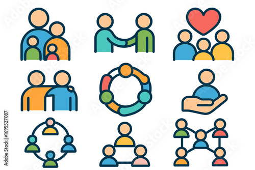 Community and social connection icon set. Vector icons for family, friendship, teamwork, and networking. Symbols for charity, support, diversity, and collaboration. Line art.