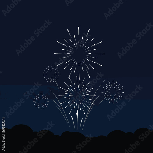 A dark blue night sky illuminated by a display of white fireworks bursting in various sizes and patterns.