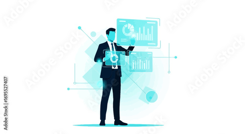 Businessman Interacting With Holographic Data Displays Modern Business And Technological Conception