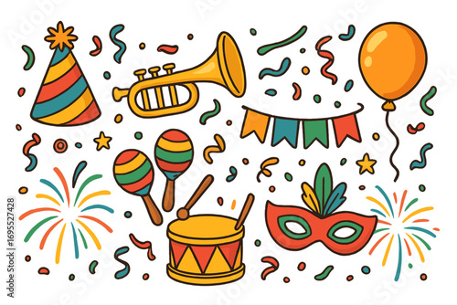 Carnival party celebration elements set. Vector cartoon festive icons for birthday, festival, or holiday event. Fun music instruments, confetti, and party decorations.