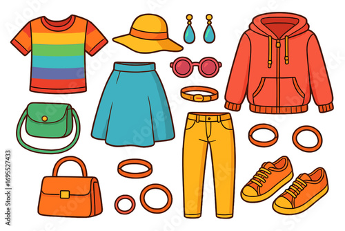 Big set of colorful women's summer clothes and accessories. Fashion collection of casual apparel: rainbow t-shirt, skirt, hoodie, pants, bag, hat, shoes. Vector cartoon.