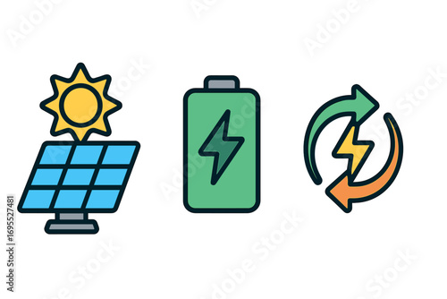 Renewable energy icon set with solar panel, battery storage, and energy exchange symbol. Vector illustration for green power, sustainability, and clean technology concepts.