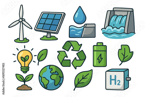 Renewable energy icon set. Green power sources like solar panel, wind turbine, hydro dam, and hydrogen. Sustainable technology for environmental conservation. Eco vector illustration.