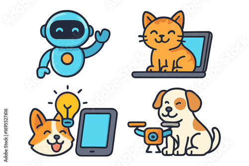 Technology and pets cartoon icon set. Robot, cat on laptop, dog with idea lightbulb and drone. Smart pet tech, AI, innovation and animal companionship vector concept.