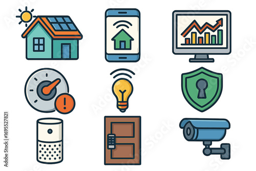 Smart home technology icon set for home automation. Vector icons for security system, energy saving, solar panel, remote control, cctv, smart lock, Internet of Things.